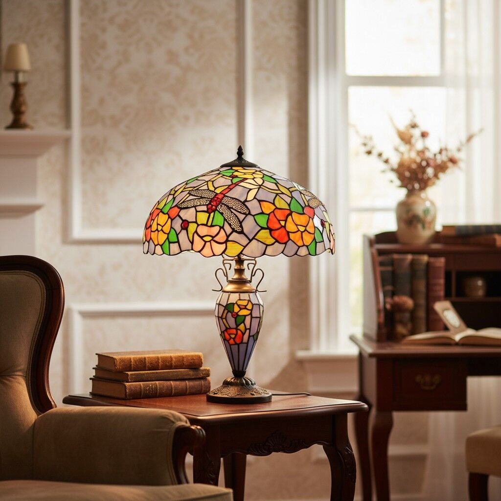 TF Keswick Dragonfly Tiffany tafellamp - Handgemaakte glas-in-loodkap voor woonkamer of slaapkamer HL2133
