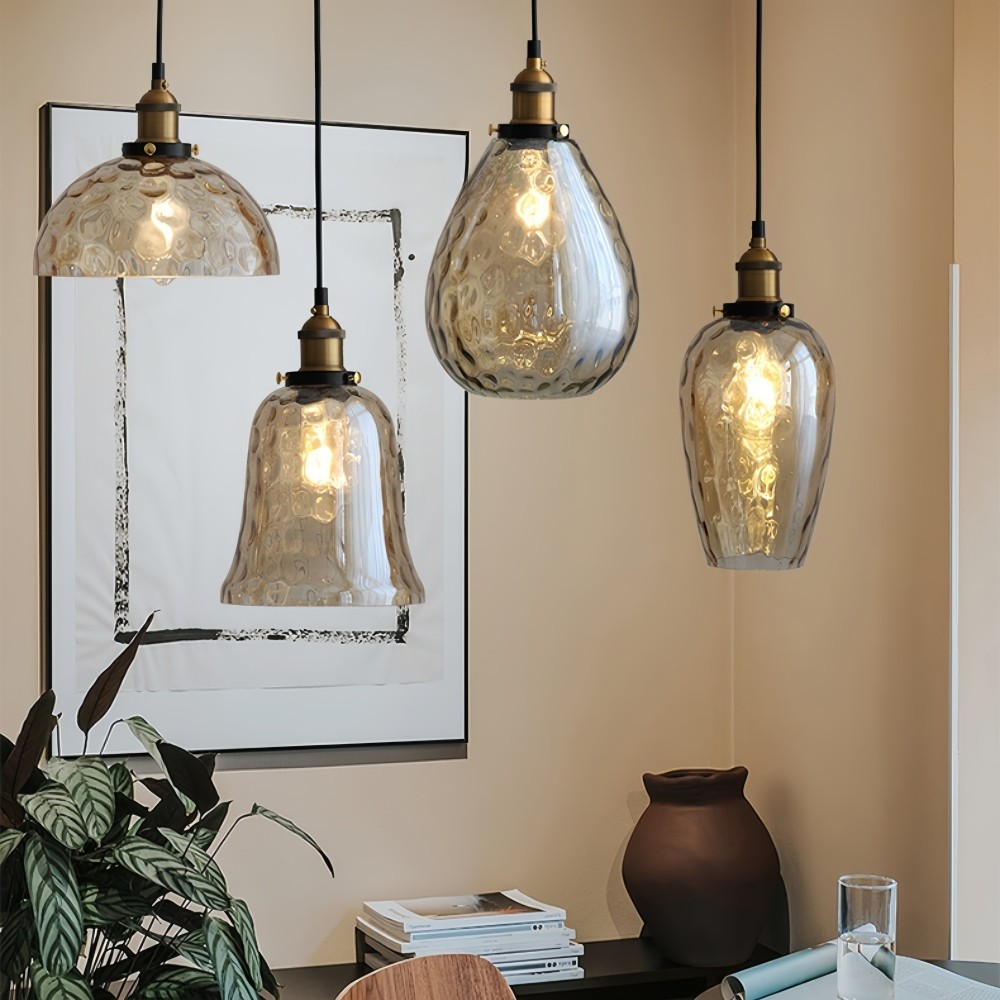 Hanglamp van getextureerd glas in Noordse stijl - Amberkleurige koepelvormige hallamp HL1329