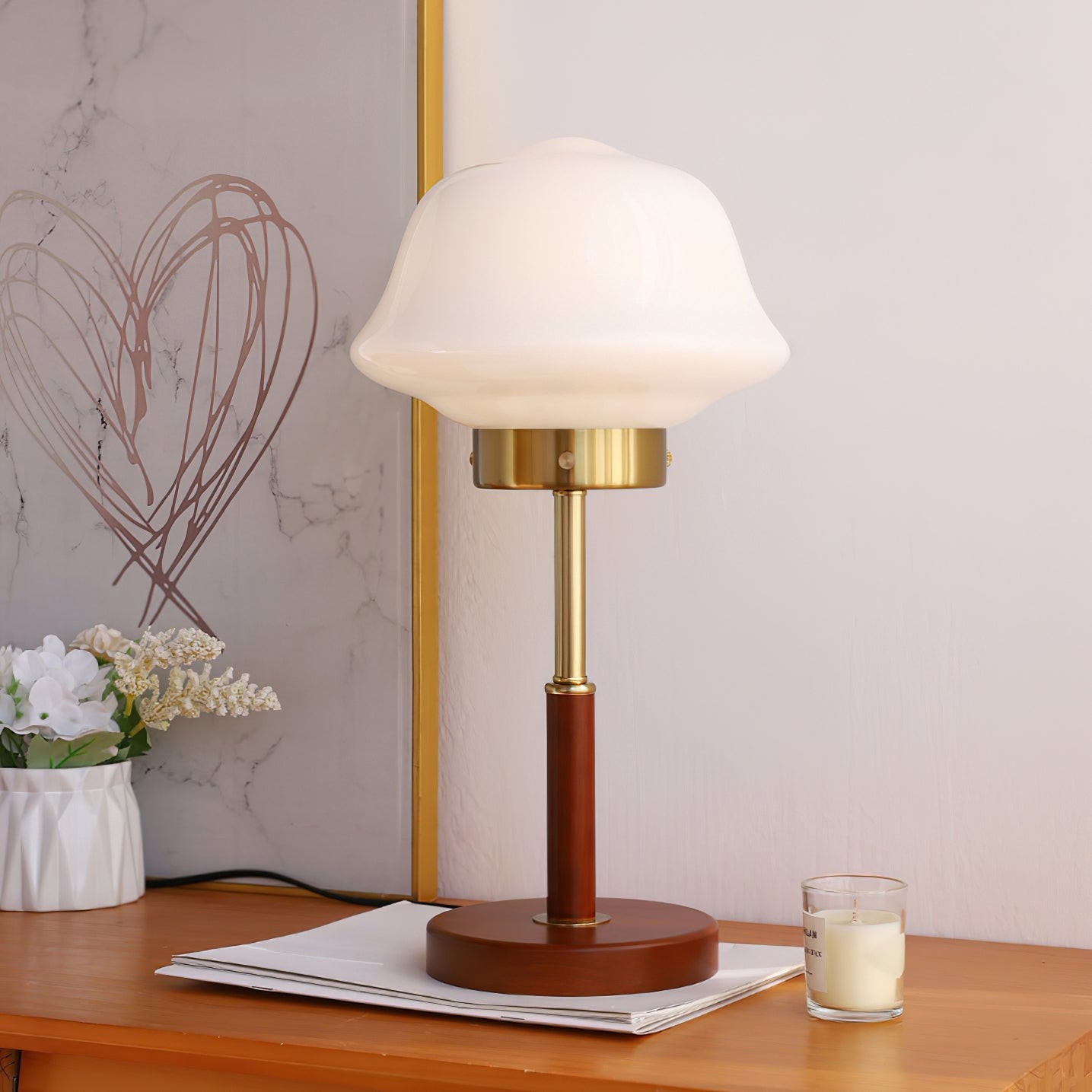 Mid Century Vintage Walnoot Glazen Tafellamp HL490