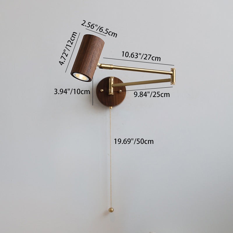 Verstelbare wandlamp met cilindervormige zwenkarm van hout en ijzer HL1085