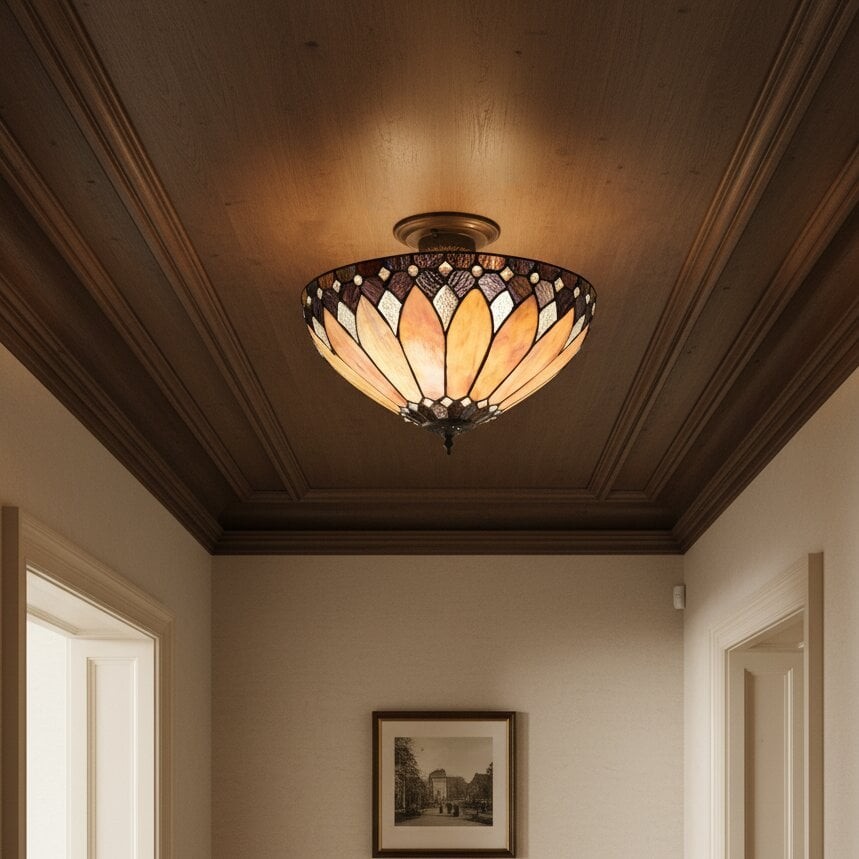 TF Brooklyn Tiffany plafondlamp met halfverzonken armatuur - Geometrische glazen kap voor gangen of woonkamers HL2243