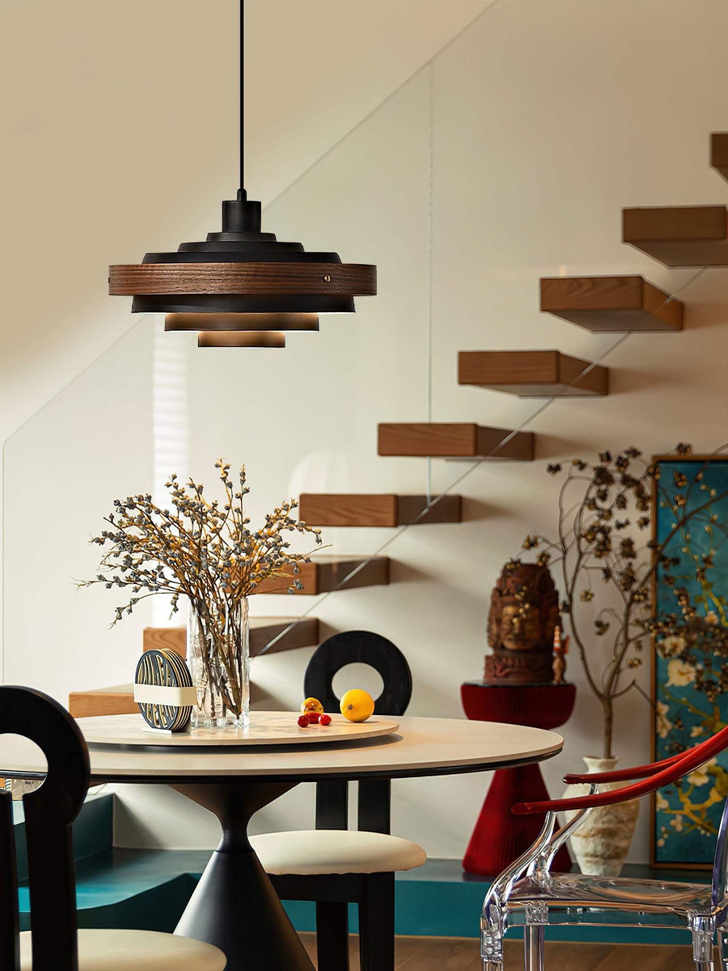 Vintage houten hanglamp met zwenkarm HL1086