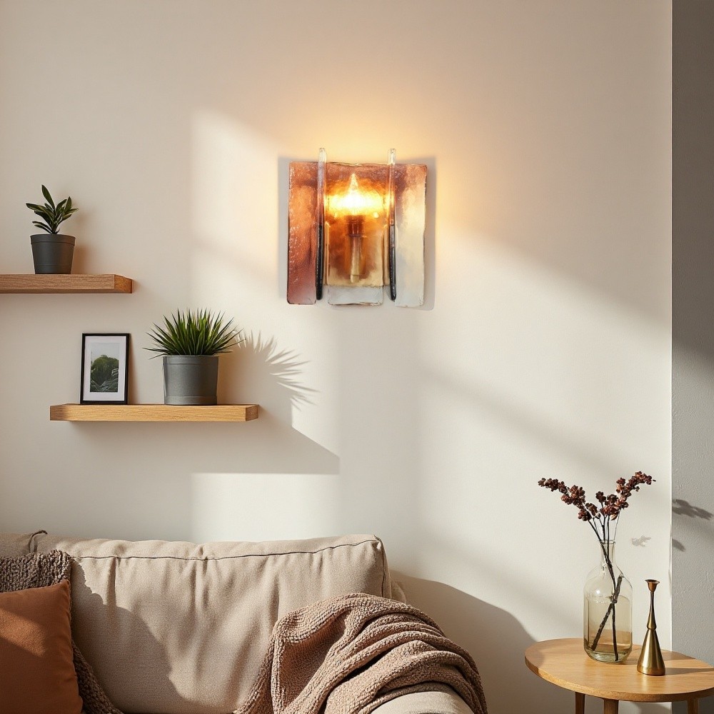 Amberkleurige glazen wandlamp - industriële metalen bedlamp HL1322