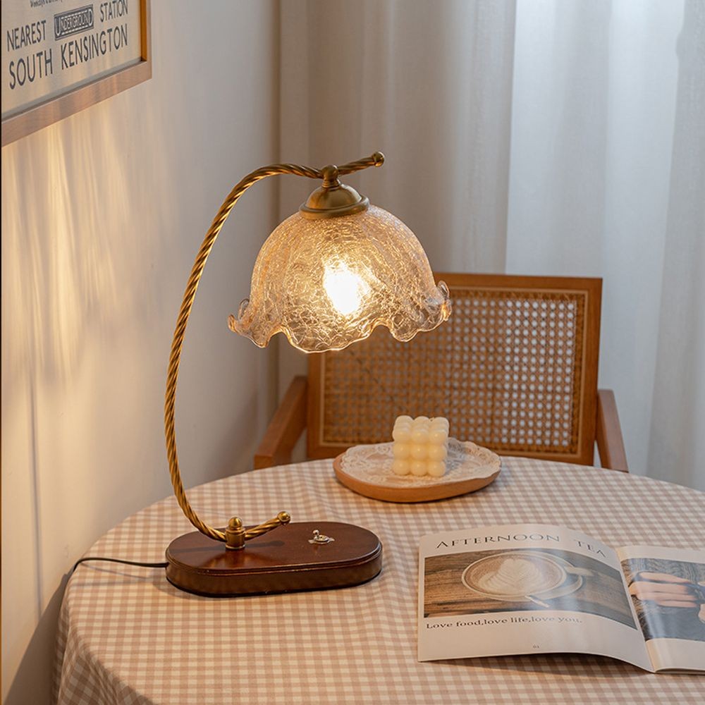 Mid Century Vintage Messing Glazen Bloem Tafellamp HL26