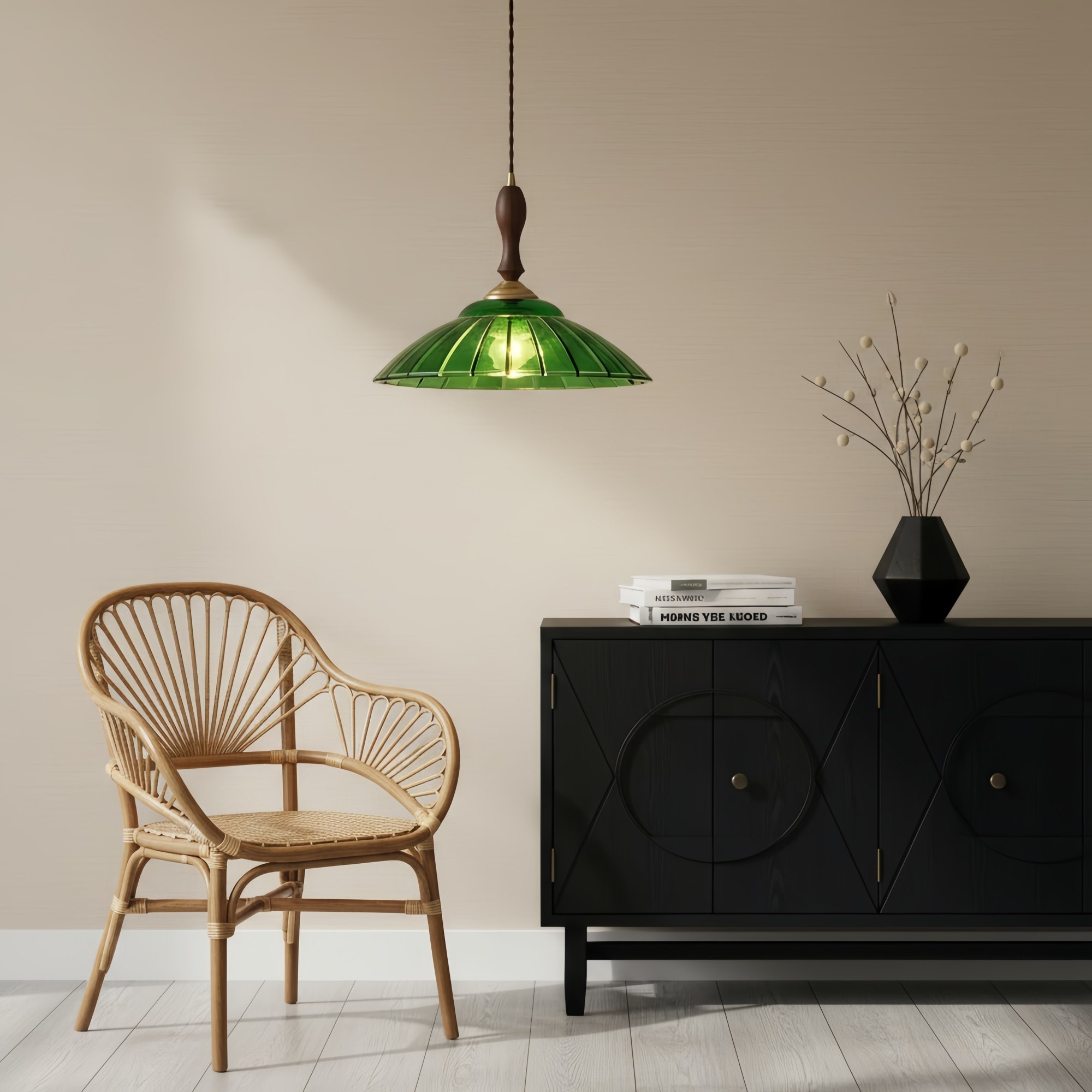 Elunaris Vintage Trompetvormige Hanglamp met Groene Glazen Kap voor de Eetkamer HL2455