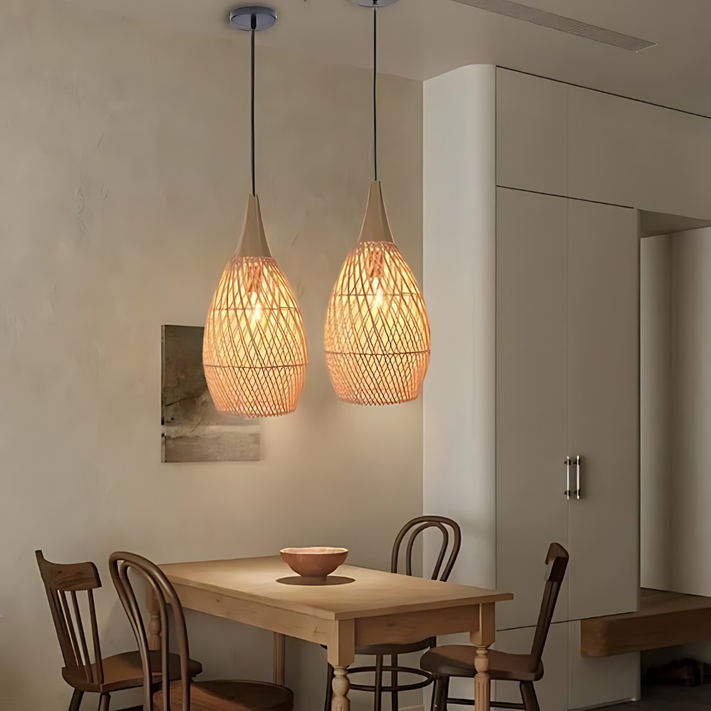 Handgemaakte hanglamp van rotan met wandtapijtmotief HL3392