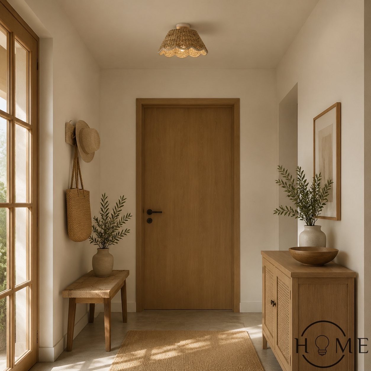 Ruvest Farmhouse plafondlamp met vlakke montage - Gegolfd rotan voor warme interieurs HL2274