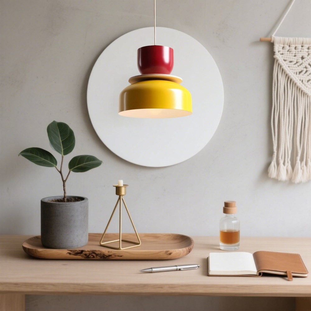 Hanglamp met metalen kom en kap - Houten Macri Kleurrijke Keukenlamp HL1068