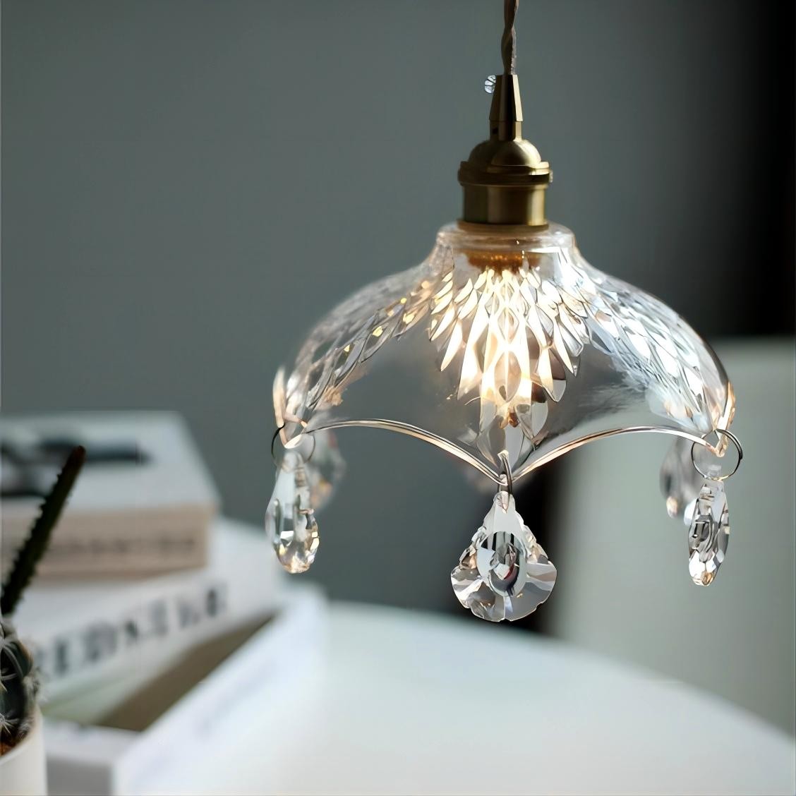 Vintage helder geribbeld glas paraplu hanglamp HL49