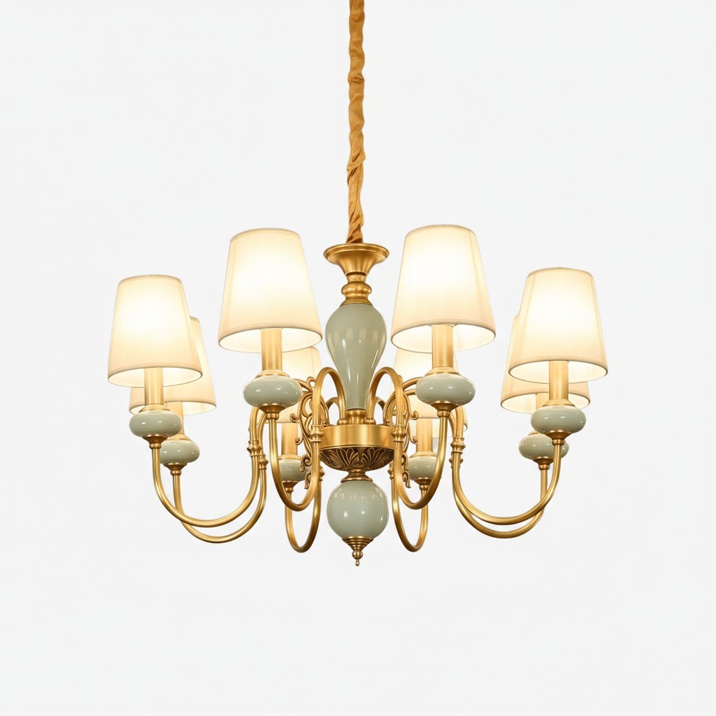 Altoris Serie Kroonluchter met Stoffen Lampenkappen - Messing Keramische Kroonluchter voor Woonkamer HL2479
