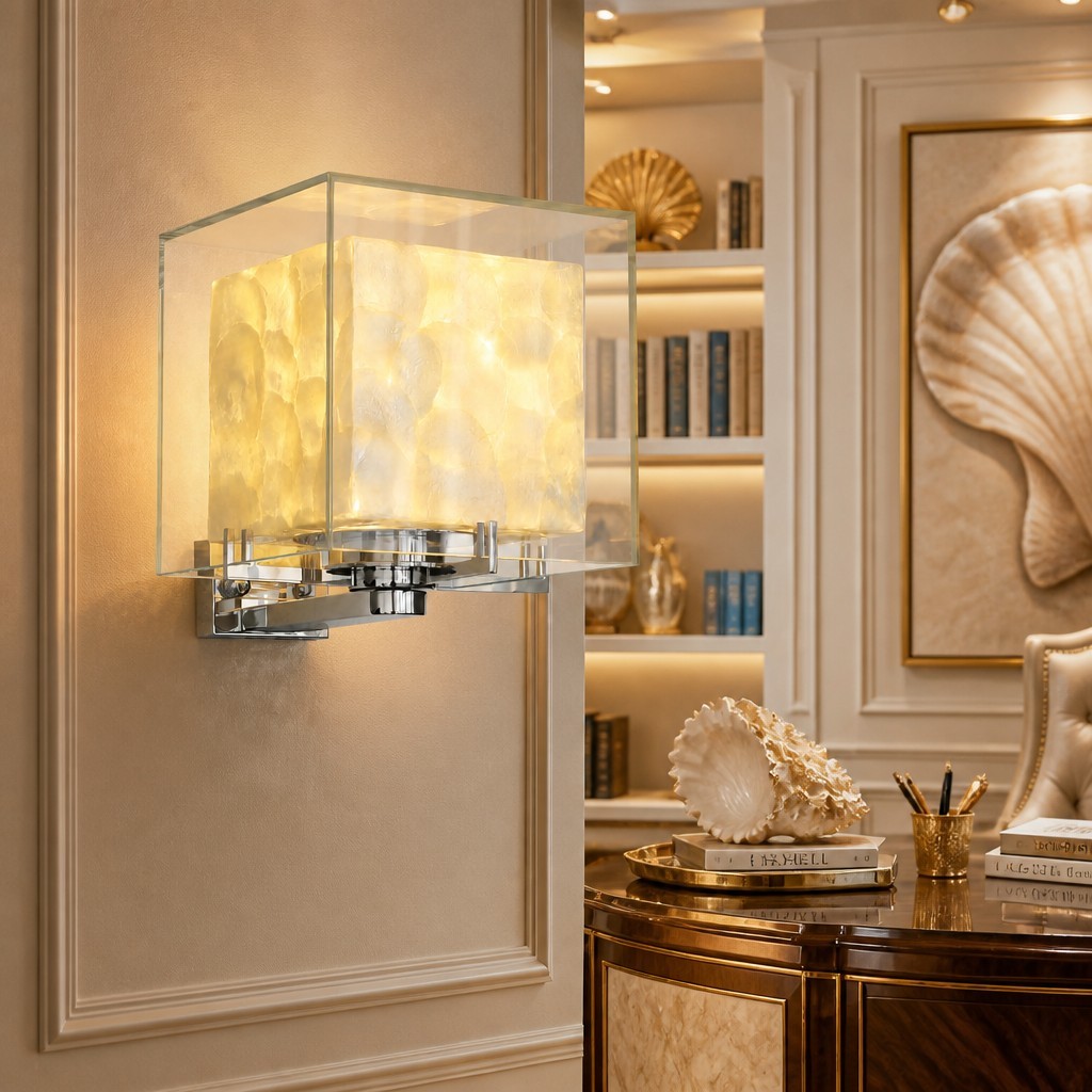Beamira Mica Vierkante Wandlamp - Decoratieve Wandlamp met Glazen Kap en Schelpvorm voor Hal HL3539