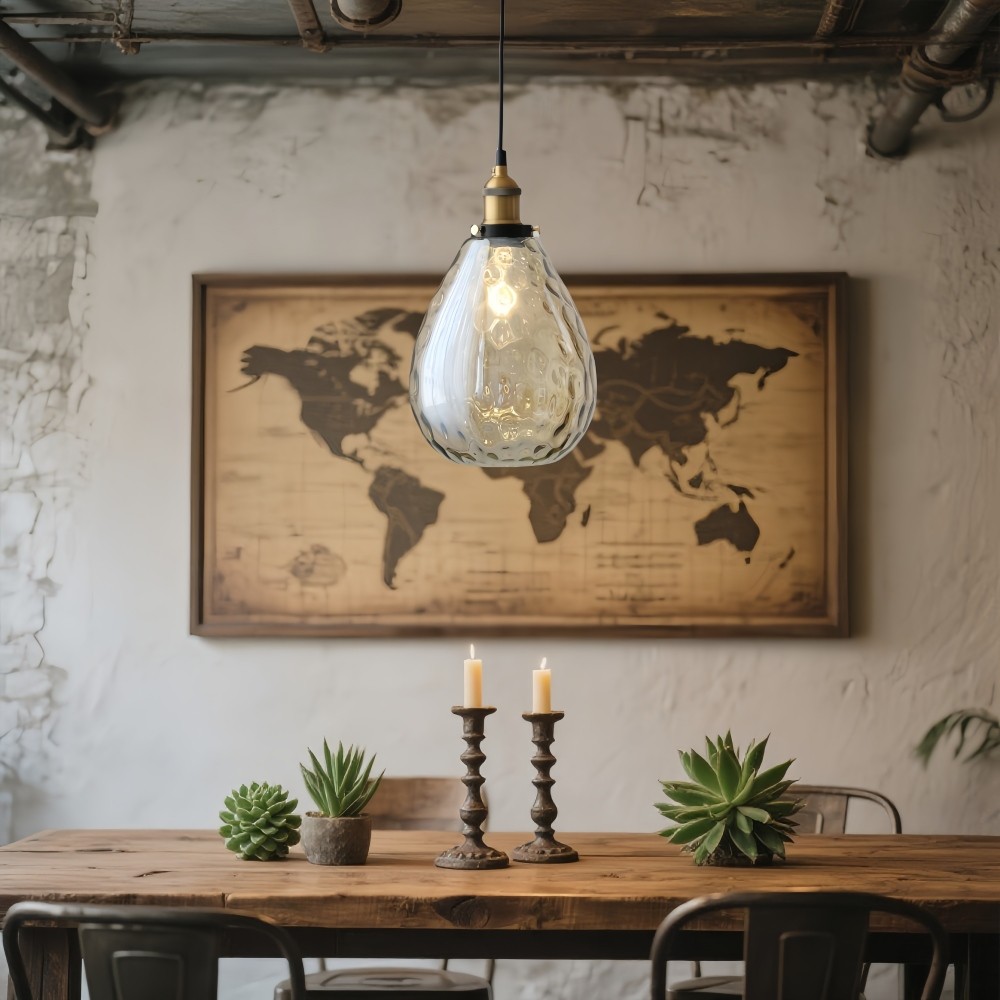 Hanglamp van getextureerd glas in Noordse stijl - Amberkleurige koepelvormige hallamp HL1329