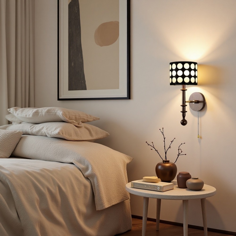Franse witte stoffen cilindervormige wandlamp met stippen en essenhouten kap HL1118