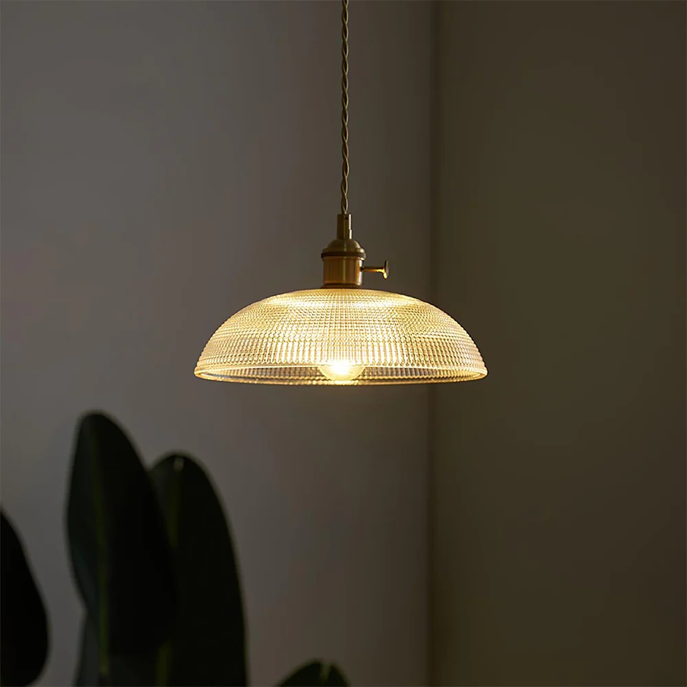 Vintage koperen geribbelde glazen hanglamp HL186