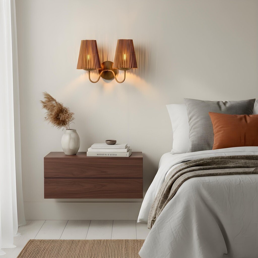 Zhoove bamboe wandlamp - geplooide natuurlijke kap voor woonkamer of slaapkamer HL1919