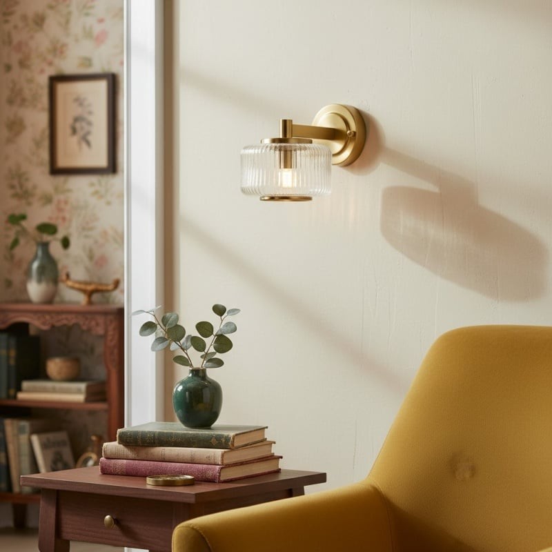 Canovus wandlamp met geribbelde glazen kap - elegante messing wandlamp voor woonkamerverlichting HL2235