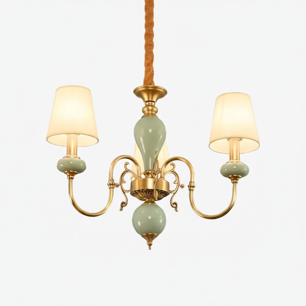 Altoris Serie Kroonluchter met Stoffen Lampenkappen - Messing Keramische Kroonluchter voor Woonkamer HL2479