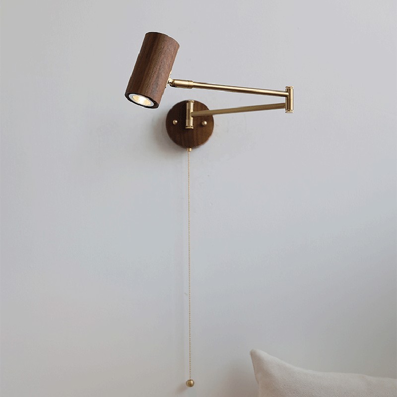 Verstelbare wandlamp met cilindervormige zwenkarm van hout en ijzer HL1085