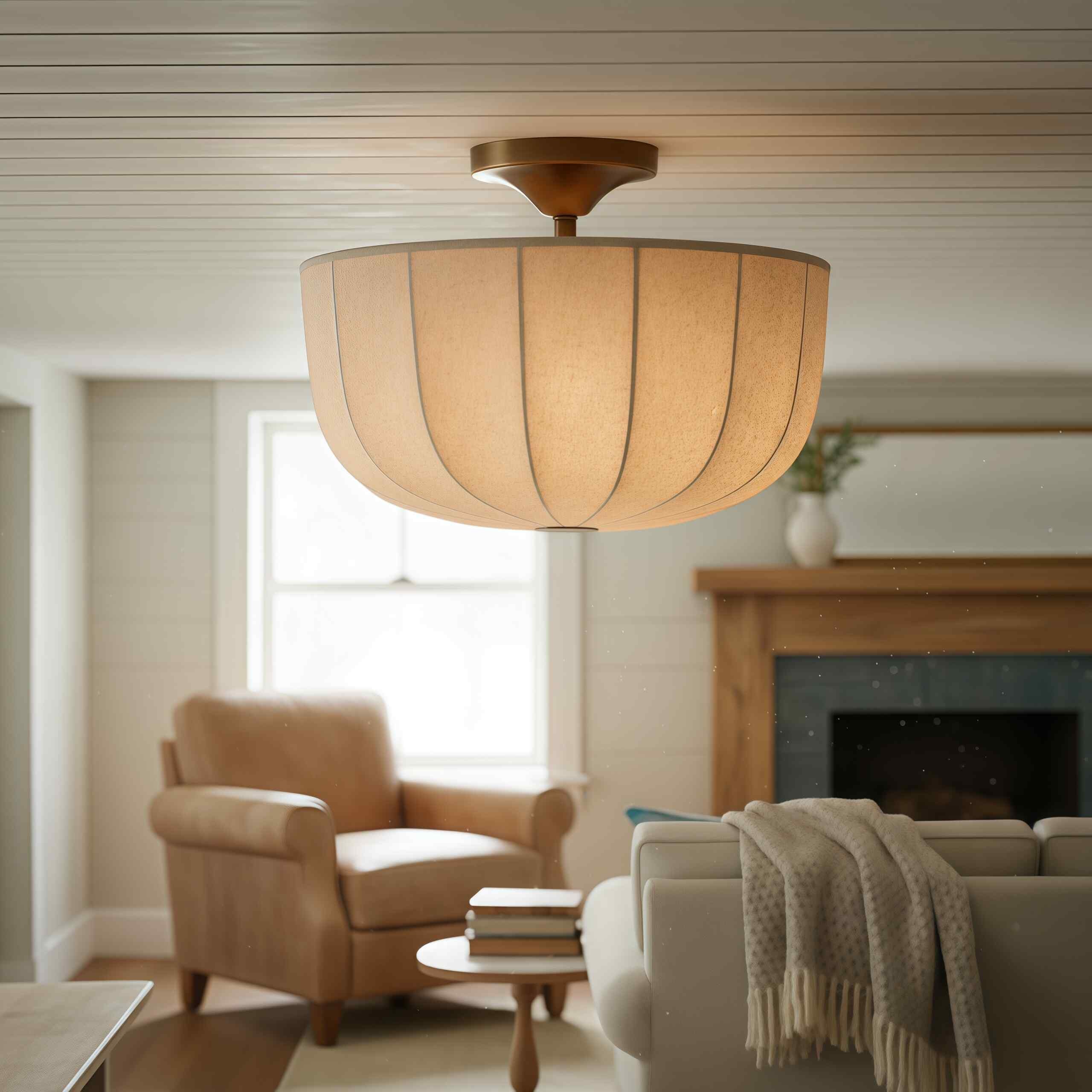 Loomis plafondlamp – Moderne plafondlamp voor woonkamers met een kap van getextureerd linnen en verouderd messing HL2285