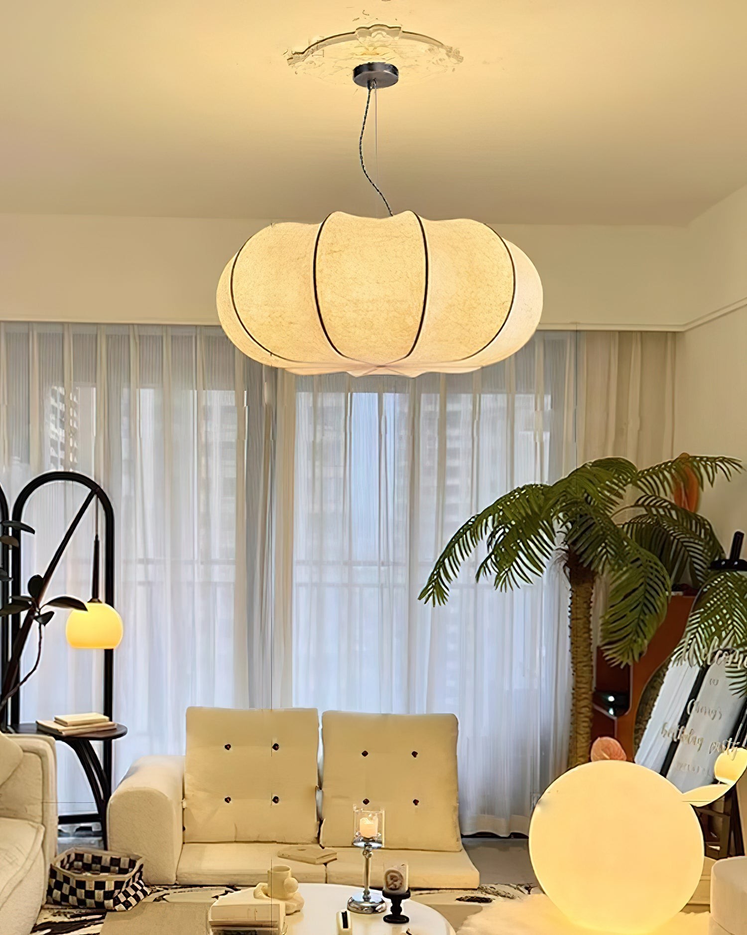 Moderne creatieve platte ronde zijden hanglamp HL660