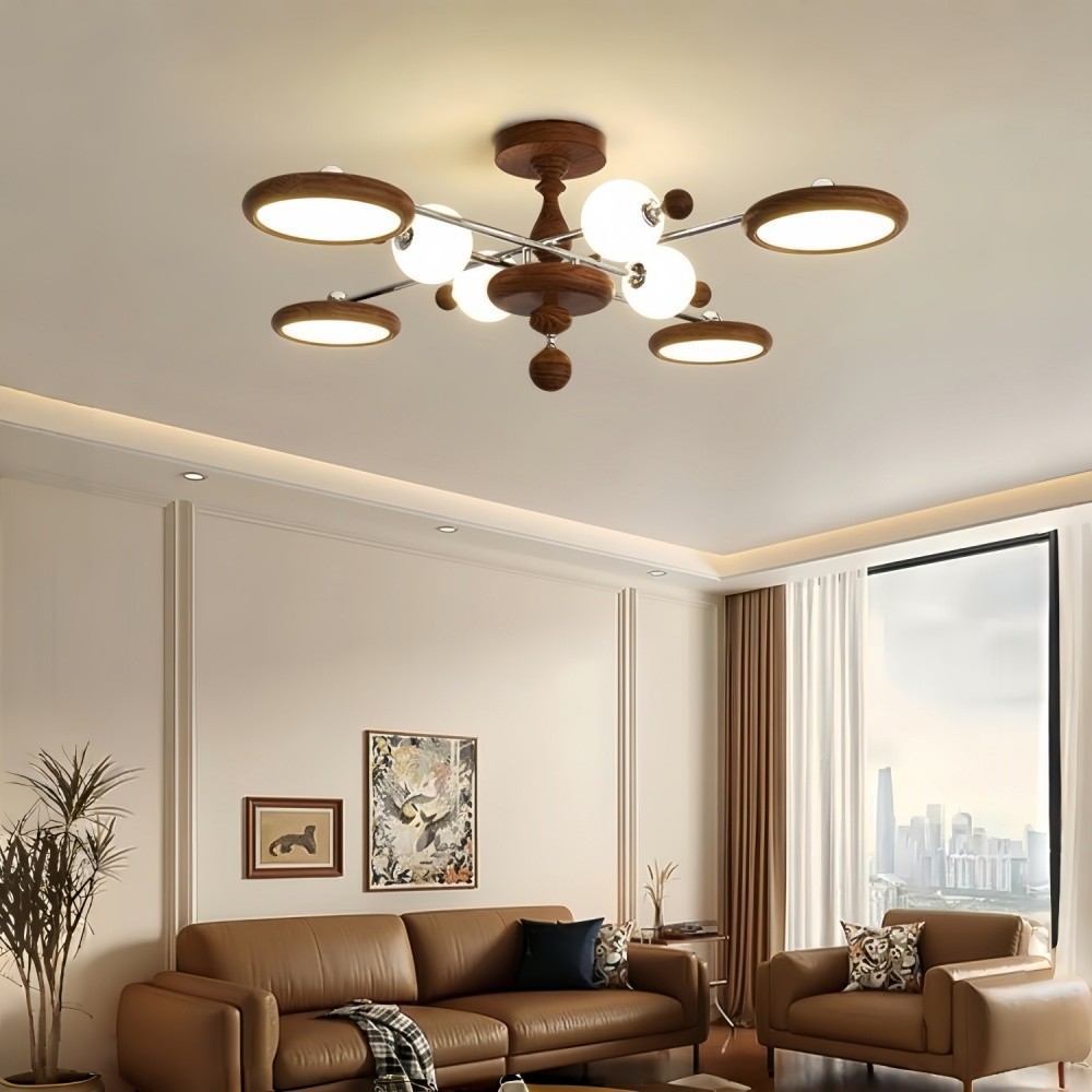 Walnoot Sputnik Plafondlamp - Retro Vertakte Lamp voor Slaapkamer HL1325