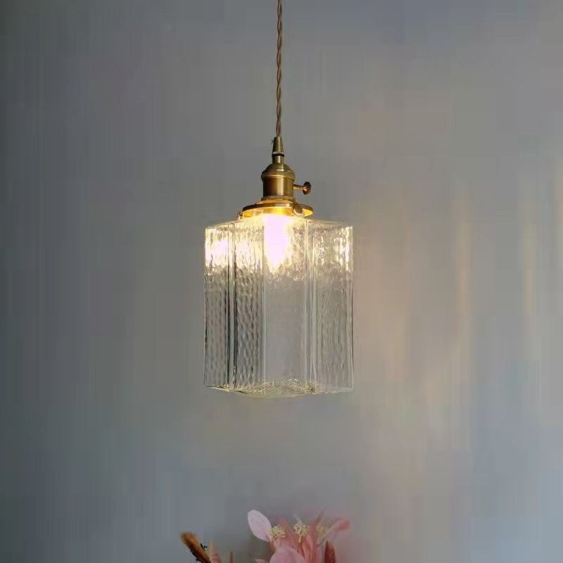 Traditionele vintage vierkante rechthoekige hanglamp met 1 lichtpunt van geribbeld glas en ijzer voor de woonkamer HL1415