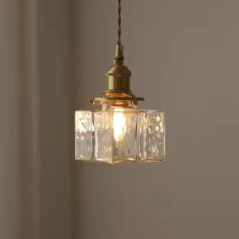 Traditionele vintage vierkante rechthoekige hanglamp met 1 lichtpunt van geribbeld glas en ijzer voor de woonkamer HL1415
