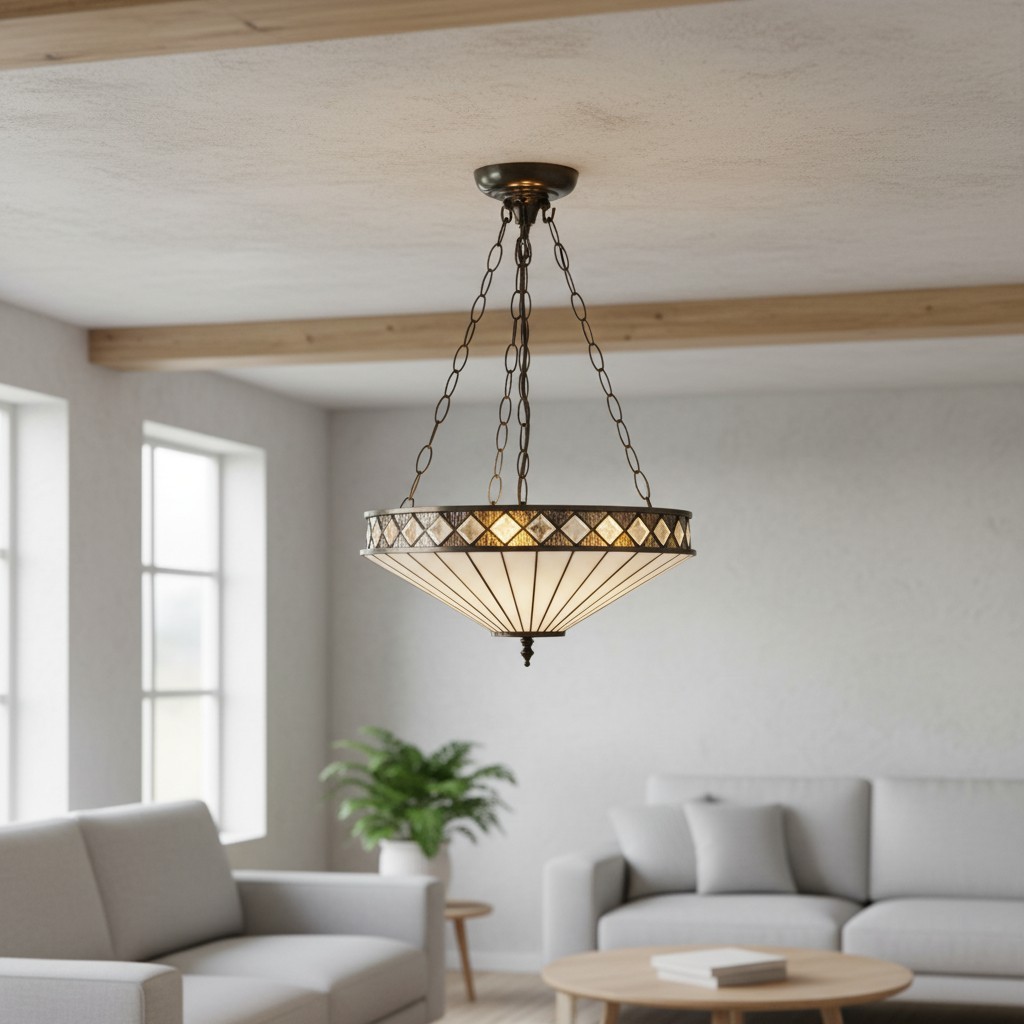 TF Fargo Verstelbare Hanglamp met Glas-in-lood-geïnspireerde omgekeerde kap voor kookeiland en eettafel HL2177
