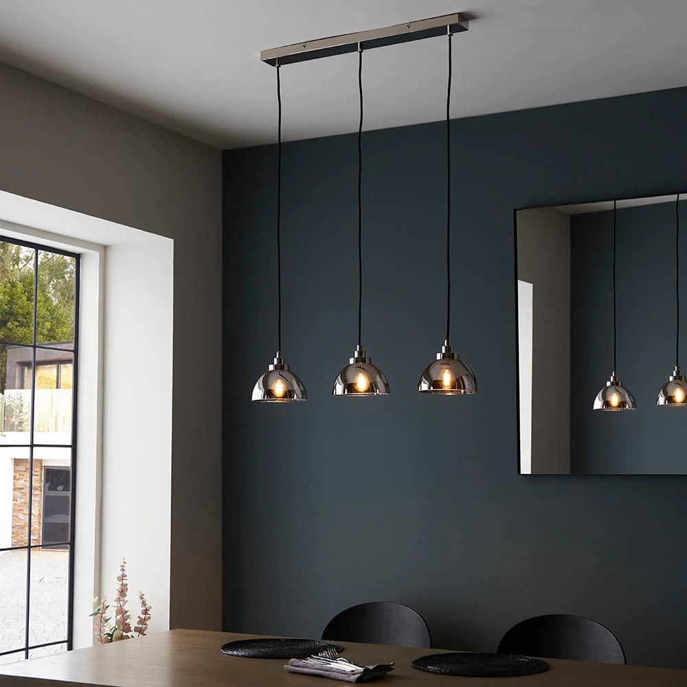 Shimmera 3-lichts lineaire hanglamp - Spiegelglazen kappen met moderne nikkelafwerking voor eetkamers HL2074