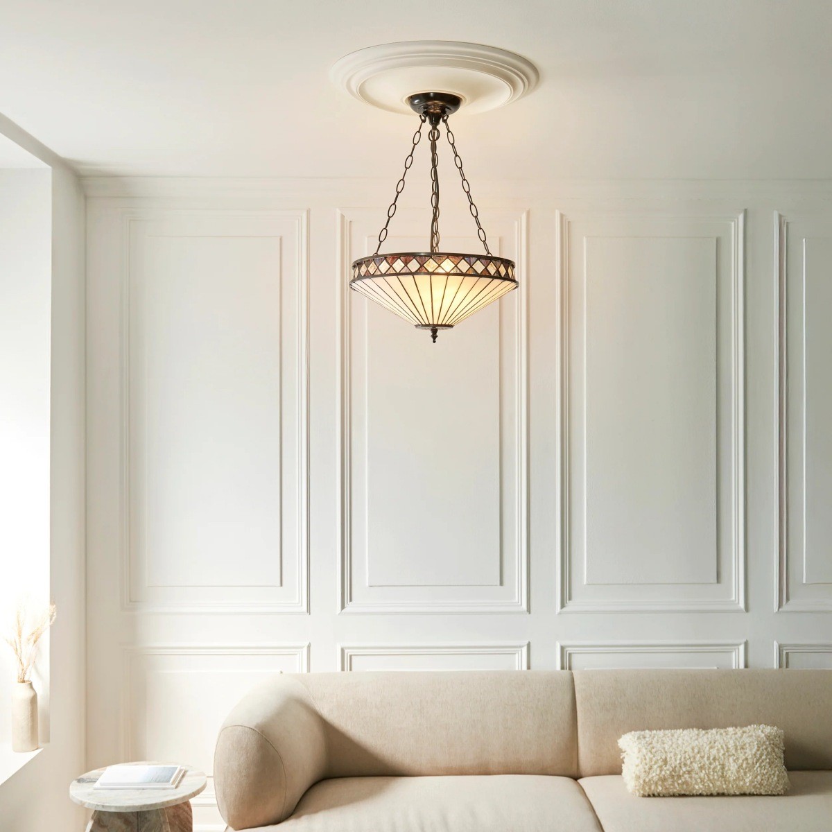TF Fargo Verstelbare Hanglamp met Glas-in-lood-geïnspireerde omgekeerde kap voor kookeiland en eettafel HL2177
