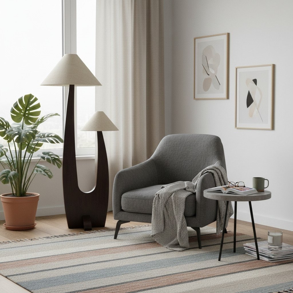Cordove Arc vloerlamp - Modern organisch ontwerp van massief hout en stof voor de woonkamer HL1882