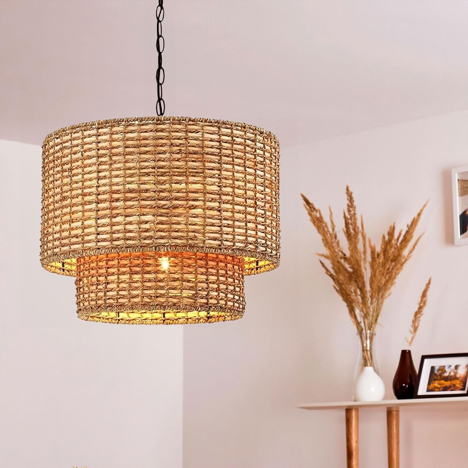 Natuurlijke rotan dubbele trommel hanglamp met zwarte kap HL1001