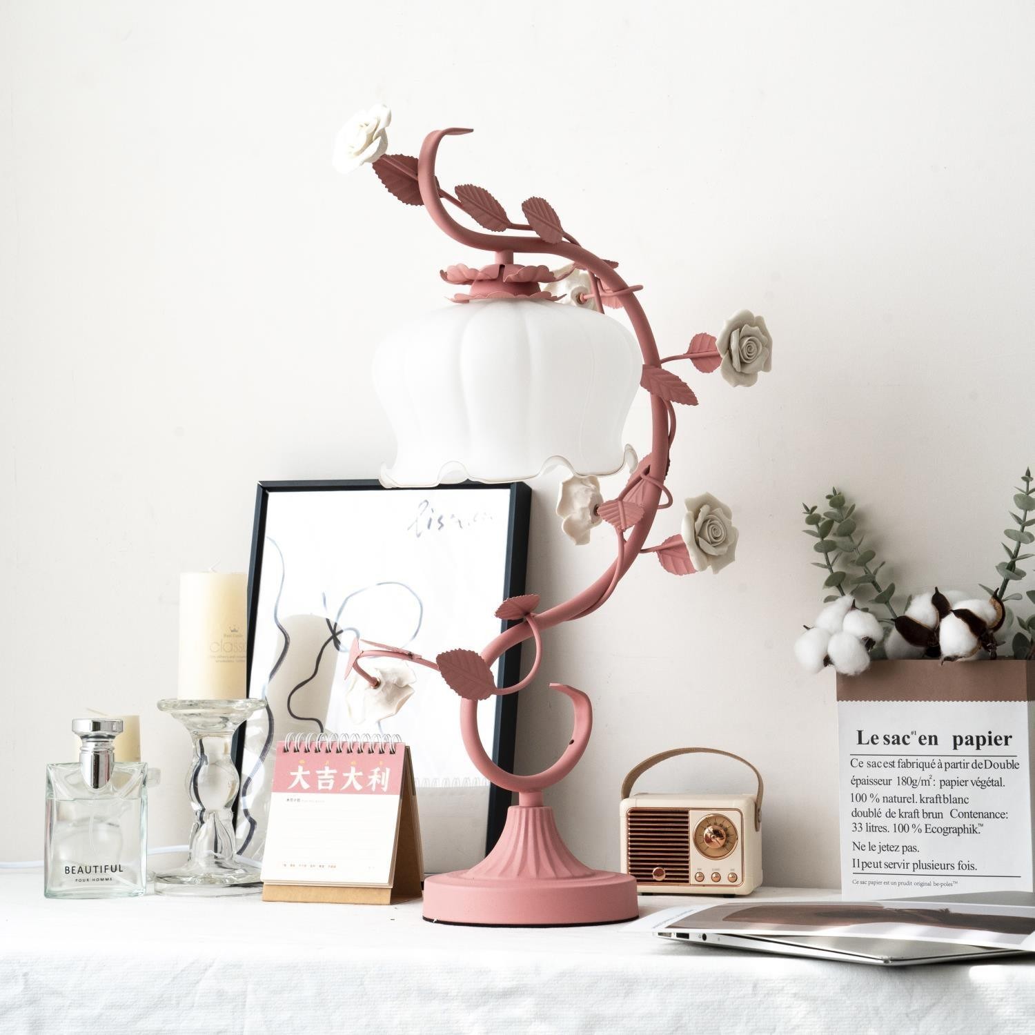 Groen Roze Wit Rozen Bloem Tafellamp HL767