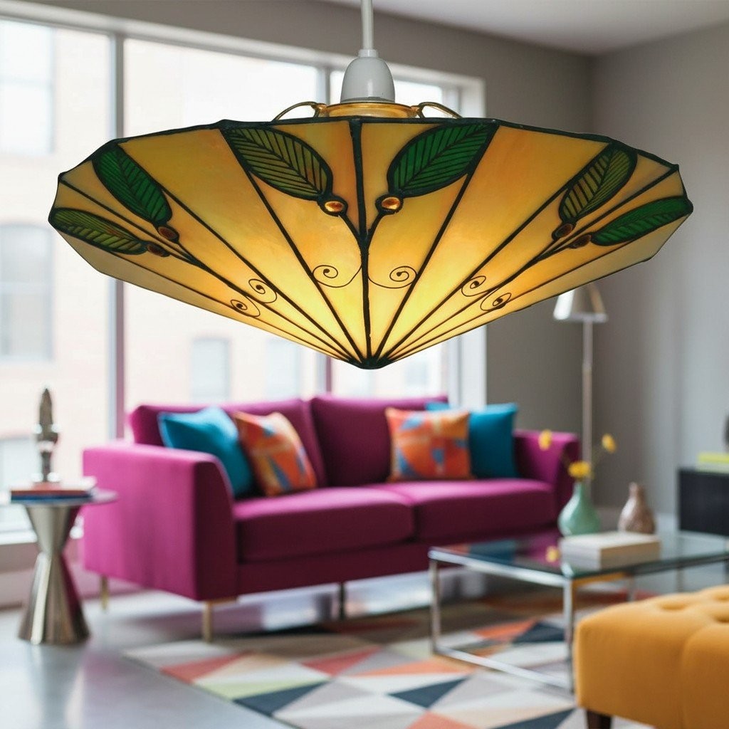 TF Harken Tiffany-stijl hanglampkap met bladmotief, gebrandschilderd glas, voor woonkamer en slaapkamer HL2024