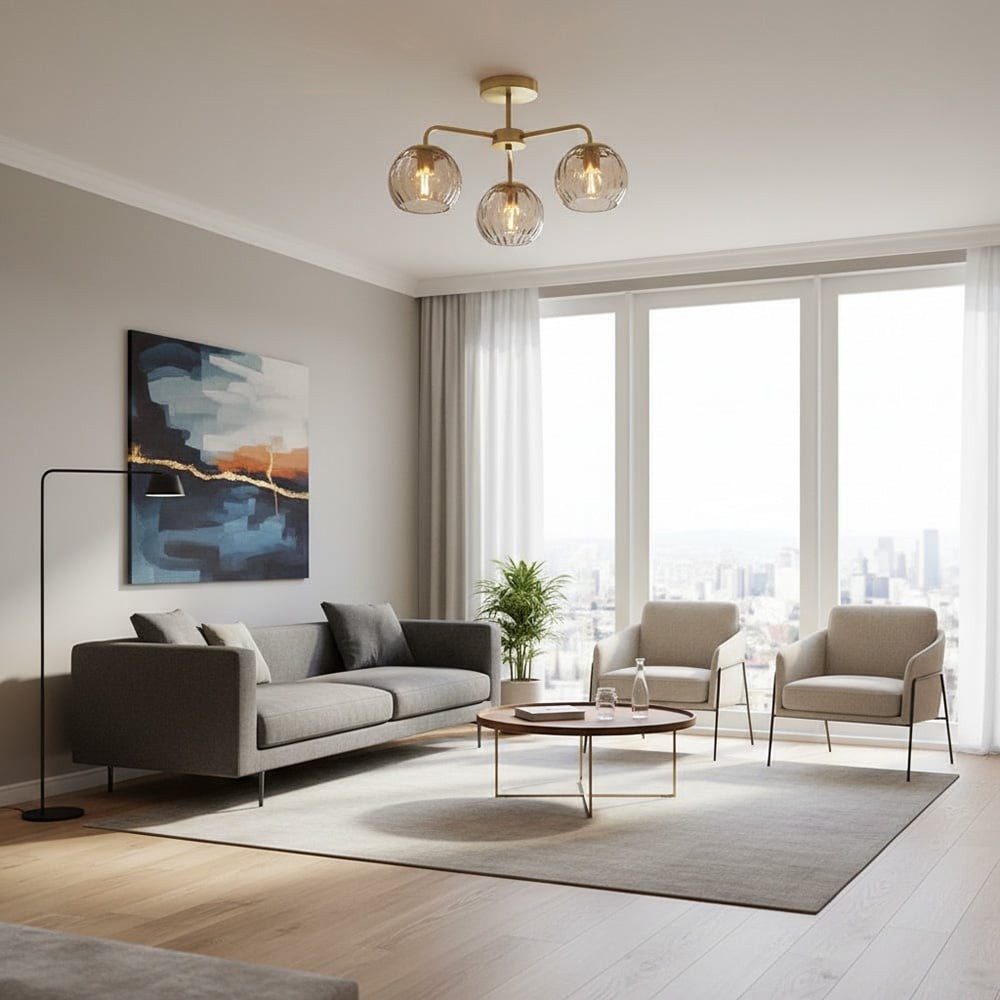 Elegante plafondlamp met 3 lampen en messing afwerking - Globe Semi-Flush Light HL1818