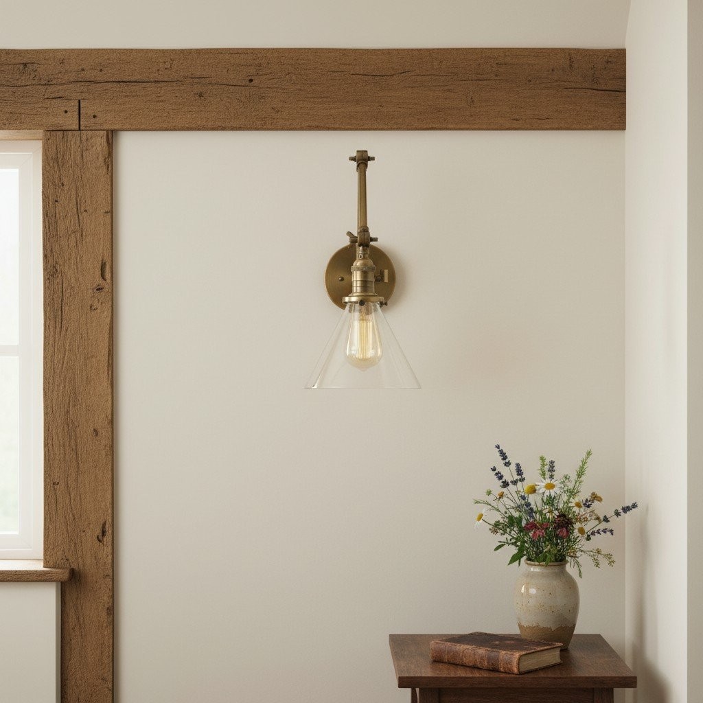 Conique metalen industriële wandlamp met verstelbare arm - vintage glazen kegelvormige kap HL1673