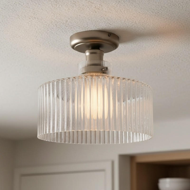 Ribora Vintage - Plafondlamp van geribbeld glas, geïnspireerd op vintage - Industriële stijl, vlak tegen het plafond
