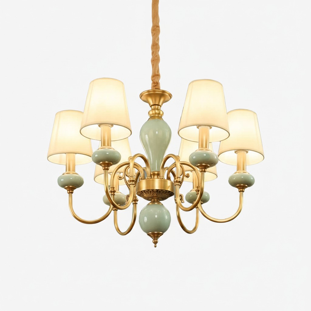 Altoris Serie Kroonluchter met Stoffen Lampenkappen - Messing Keramische Kroonluchter voor Woonkamer HL2479
