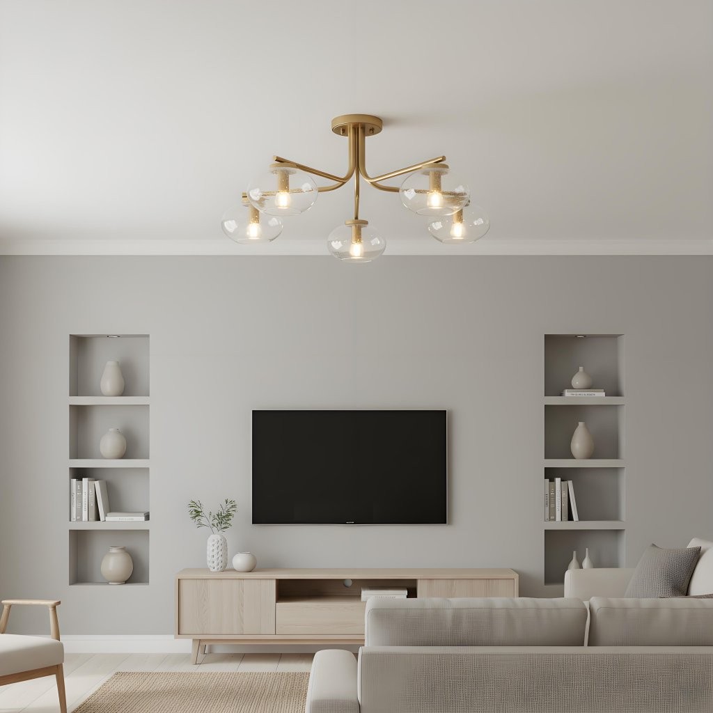 Bublaris plafondlamp met bubbelglas en gebogen messing armen voor woonkamer of hal HL2154
