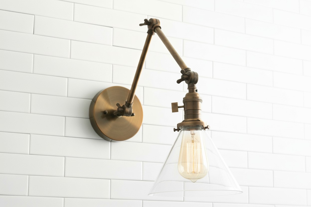 Conique metalen industriële wandlamp met verstelbare arm - vintage glazen kegelvormige kap HL1673