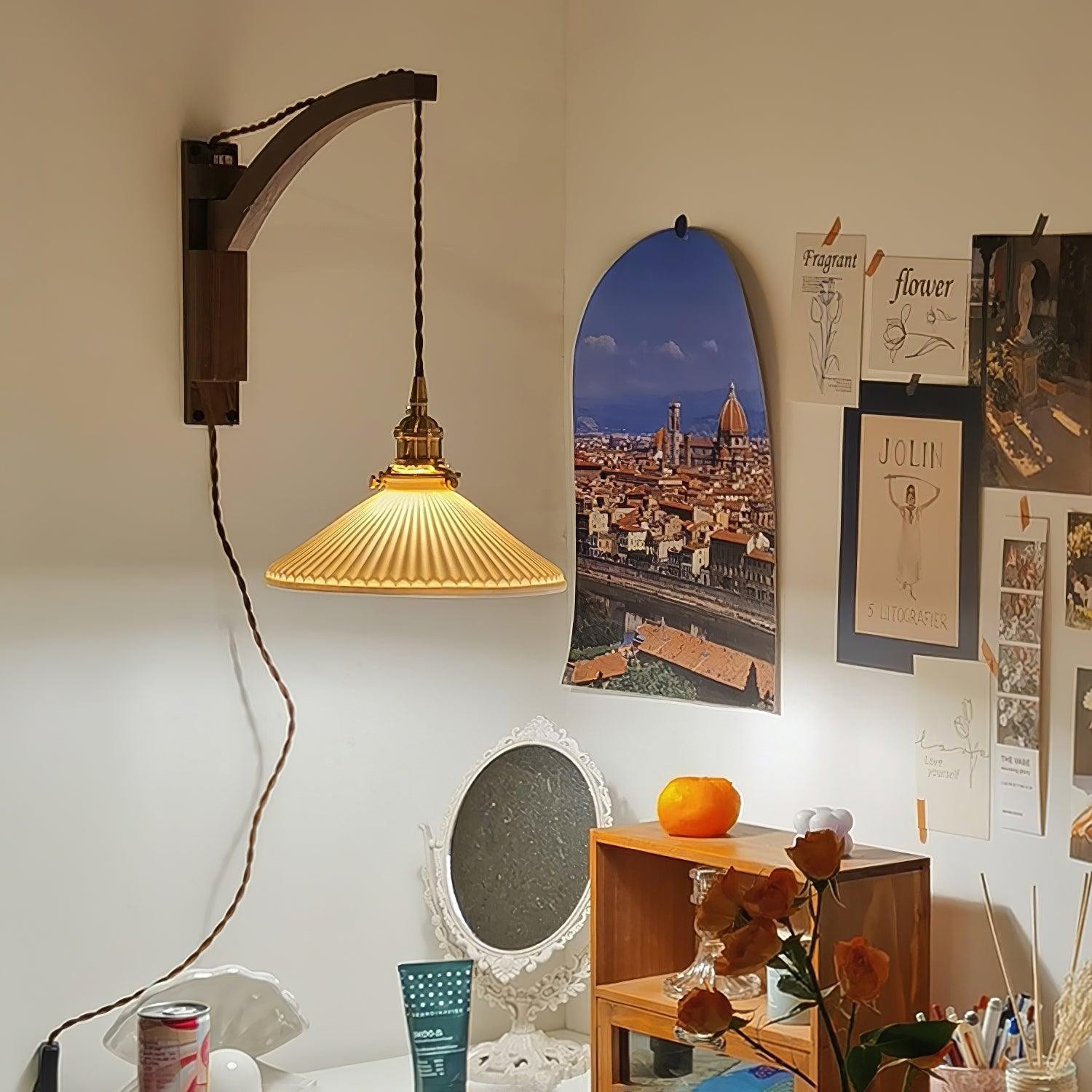 Walnoot Taps Toelopende Geribbelde Keramische Zwenkarm Wandlamp HL1077