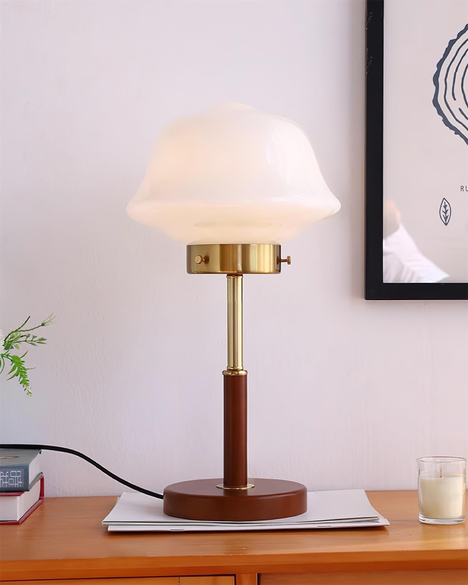 Mid Century Vintage Walnoot Glazen Tafellamp HL490