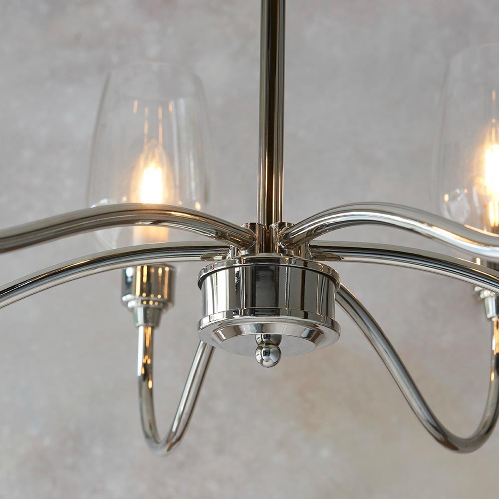 Clarione Art Deco lineaire kroonluchter met 6 lampen en geblazen glazen kappen voor de keuken HL2125