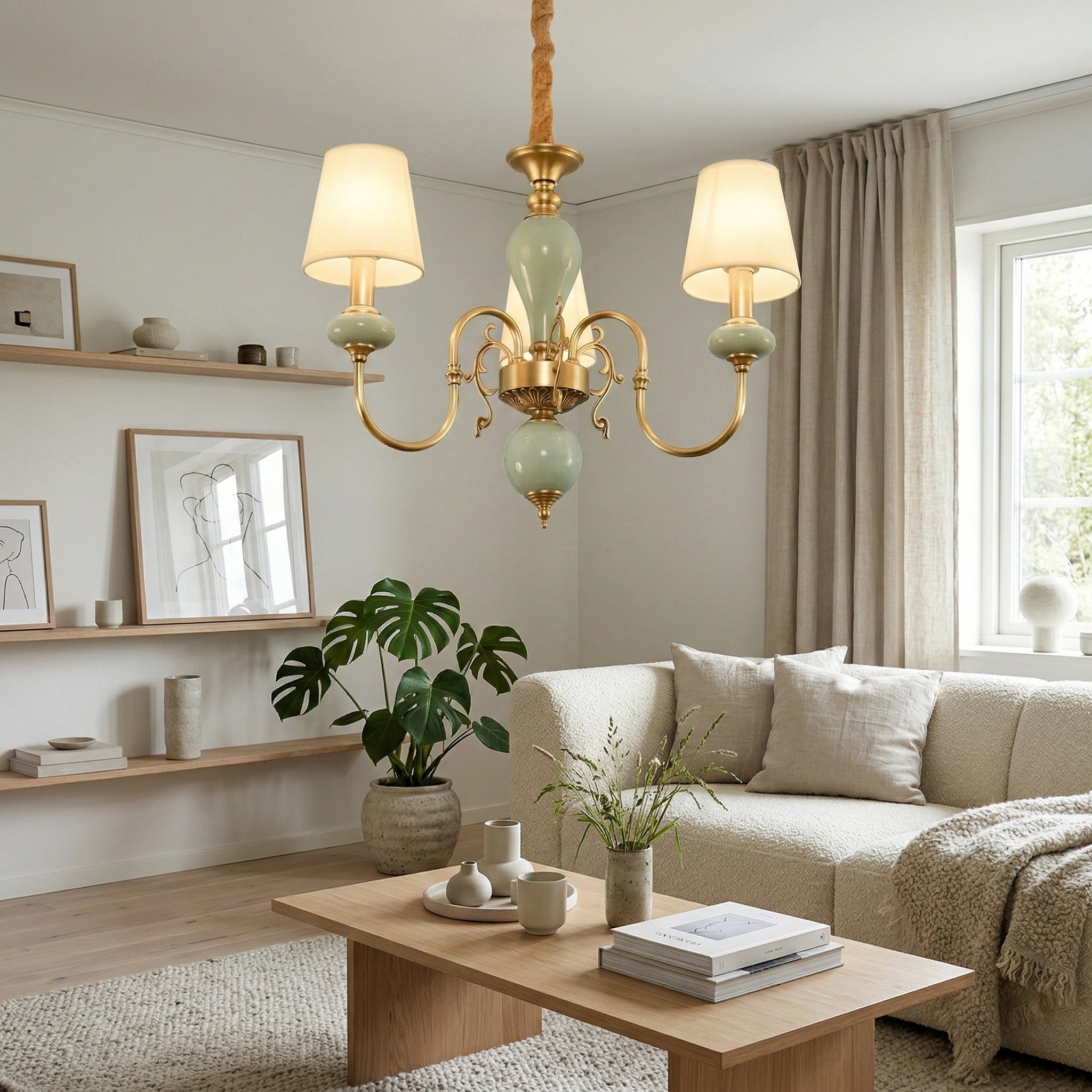 Altoris Serie Kroonluchter met Stoffen Lampenkappen - Messing Keramische Kroonluchter voor Woonkamer HL2479