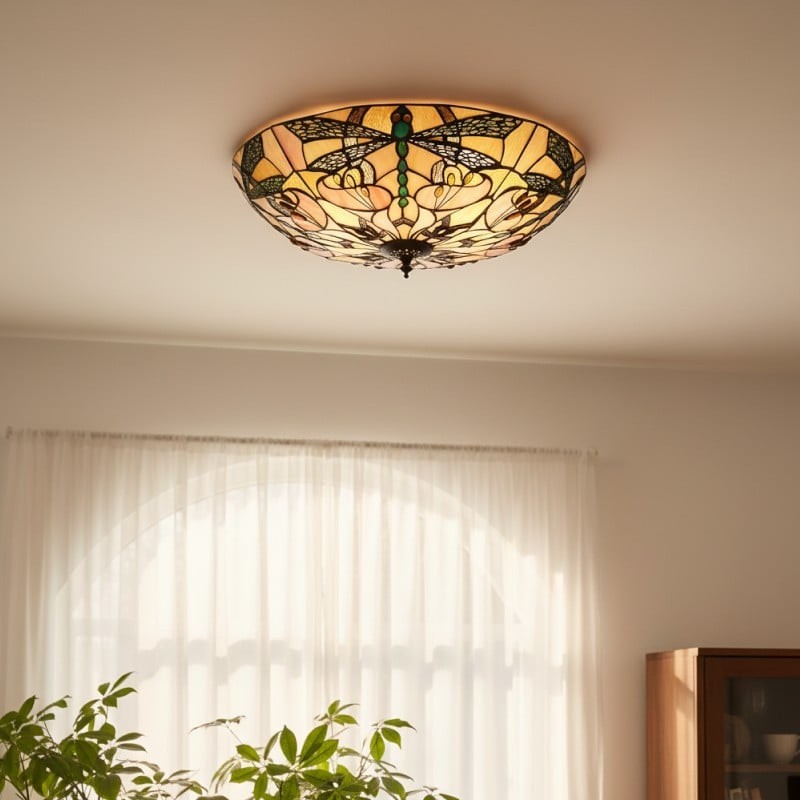 TF Ashton Tiffany glazen plafondlamp met libellemotief - overgangsstijl voor slaapkamers en woonkamers HL2256