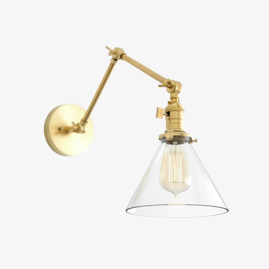 Conique metalen industriële wandlamp met verstelbare arm - vintage glazen kegelvormige kap HL1673