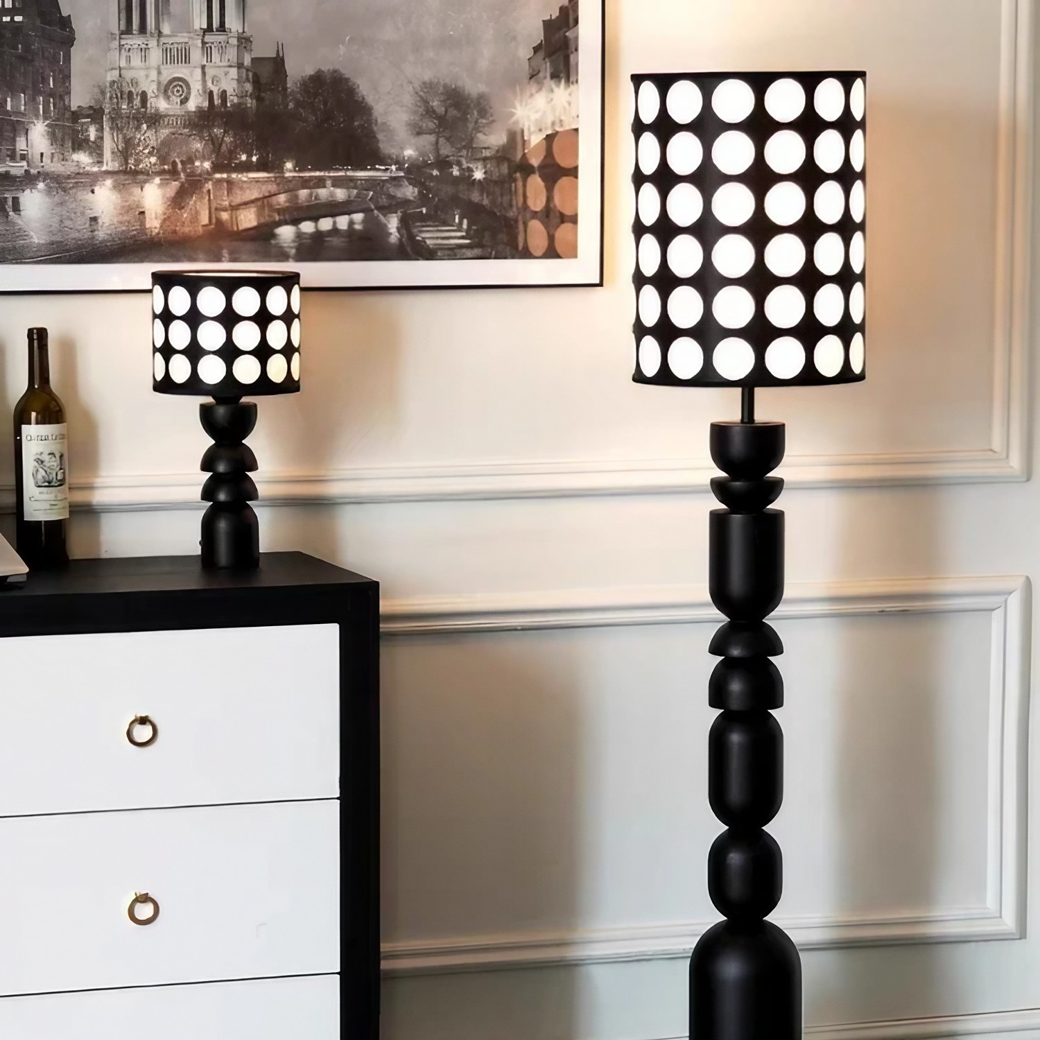 Vintage houten tafellamp - Staande lamp met stippenpatroon voor de slaapkamer HL1845
