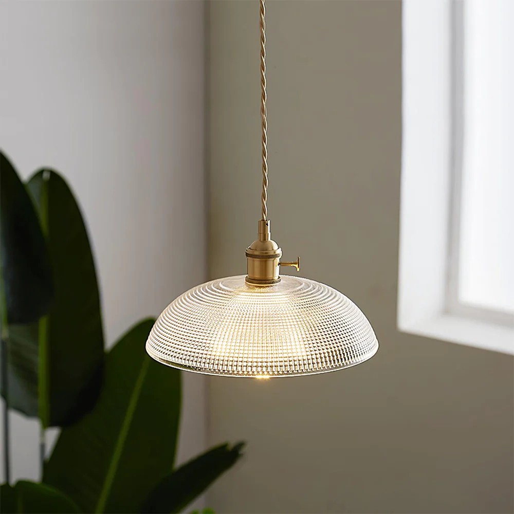 Vintage koperen geribbelde glazen hanglamp HL186