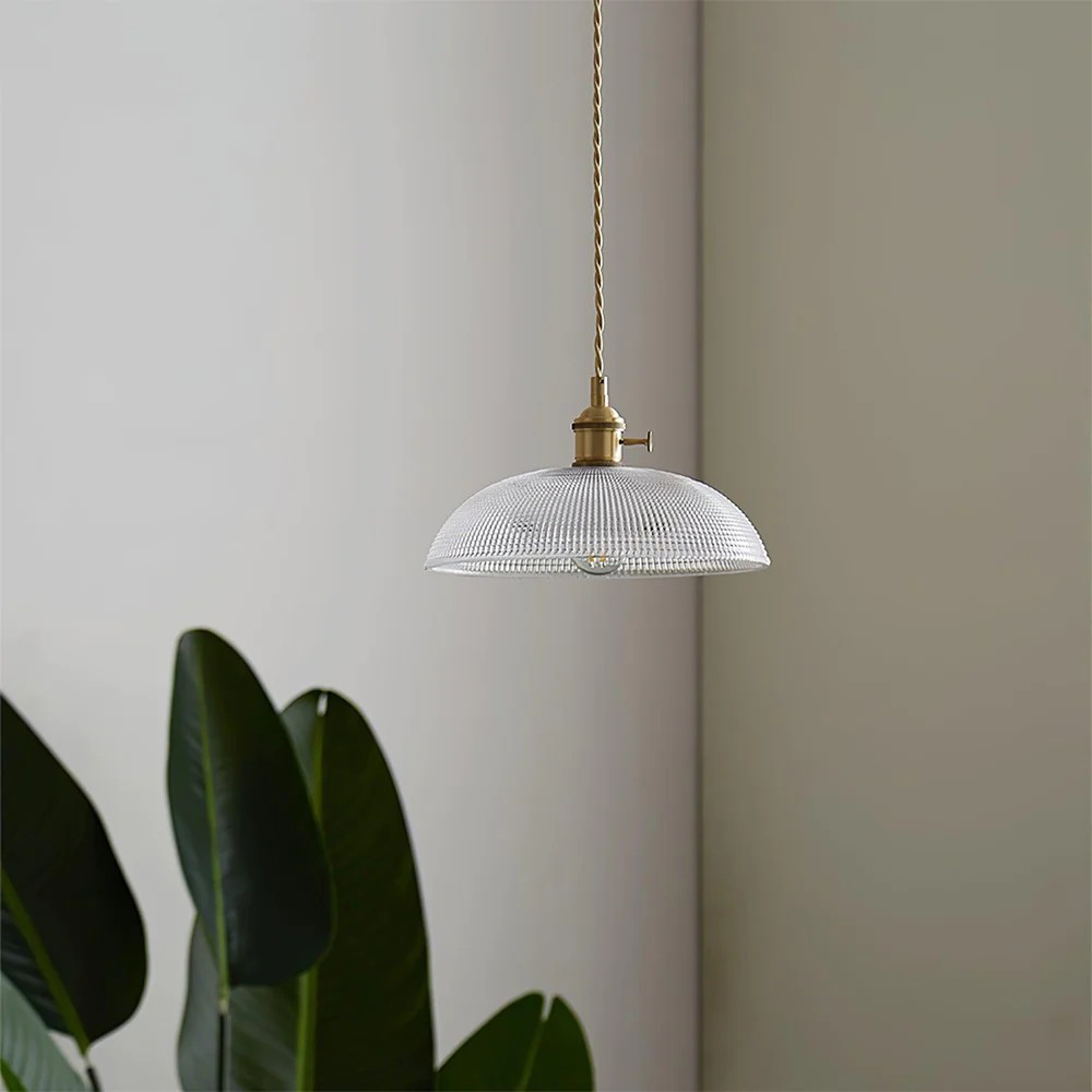 Vintage koperen geribbelde glazen hanglamp HL186