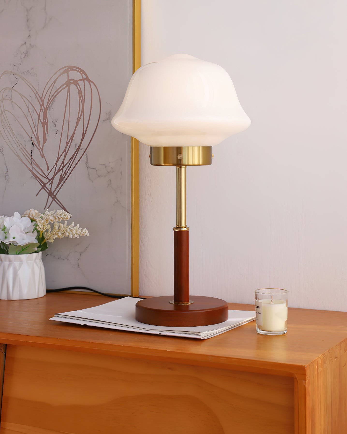 Mid Century Vintage Walnoot Glazen Tafellamp HL490